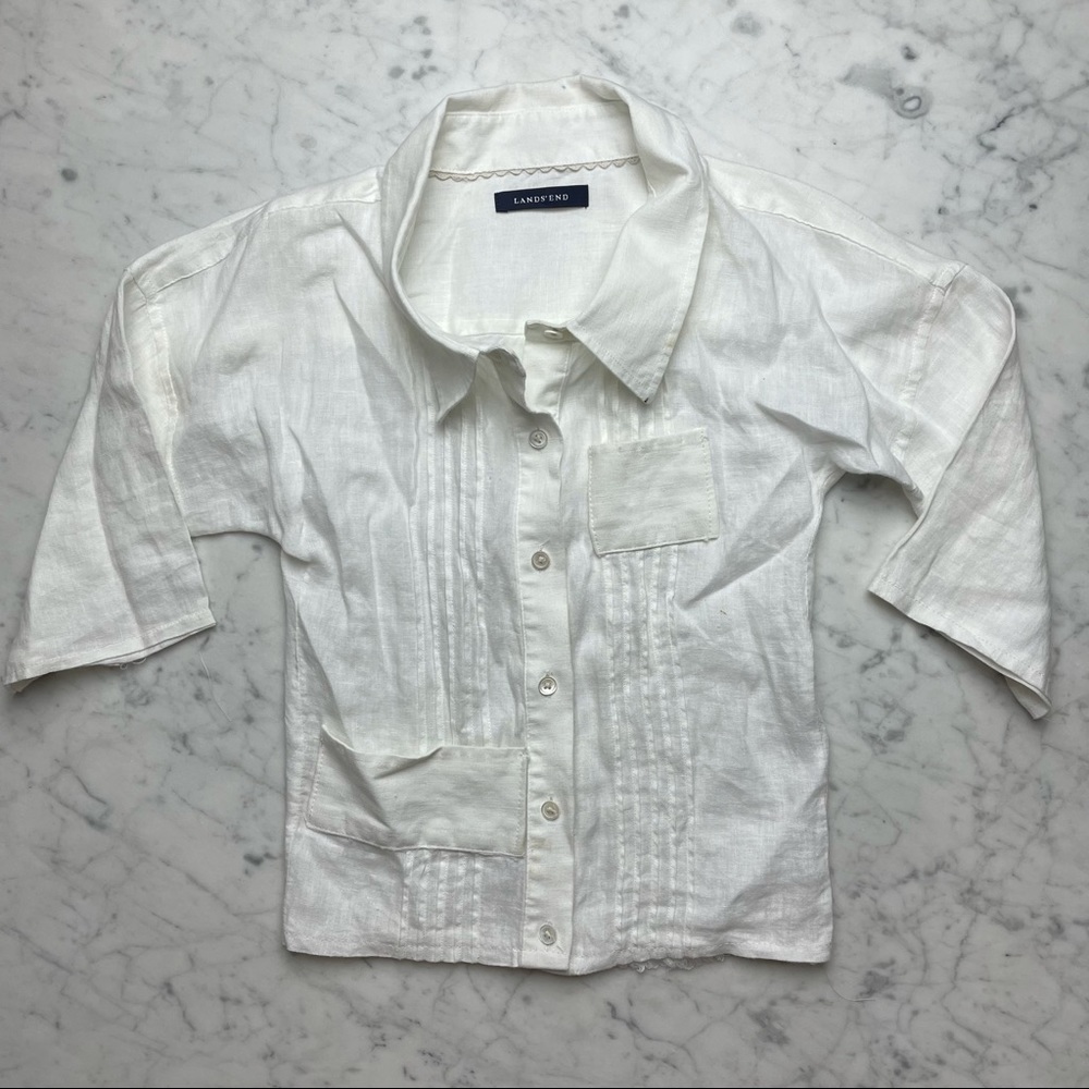Lands' End White Linen Tuxedo Front Button Down Shirt